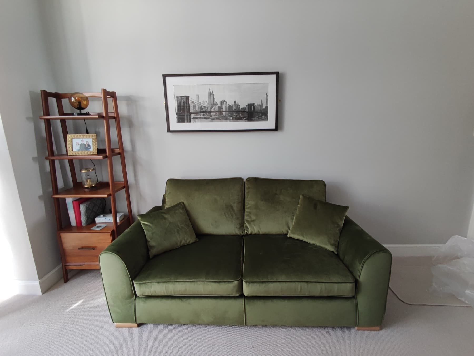 Green velvet sofa upholstery completed in London