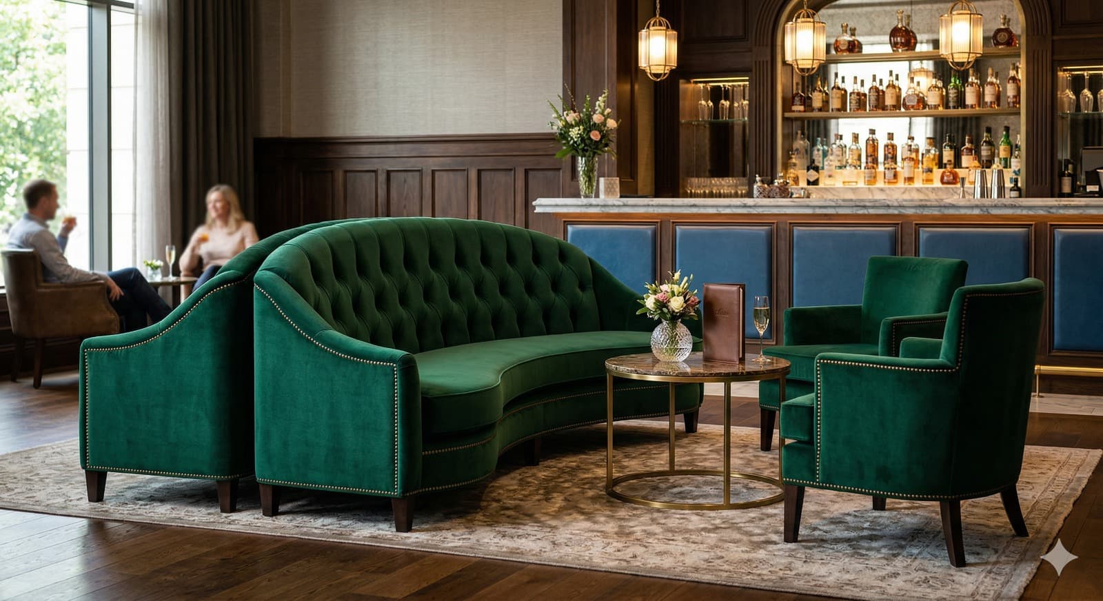 Green velvet tufted sofa and armchairs in a hotel bar lounge