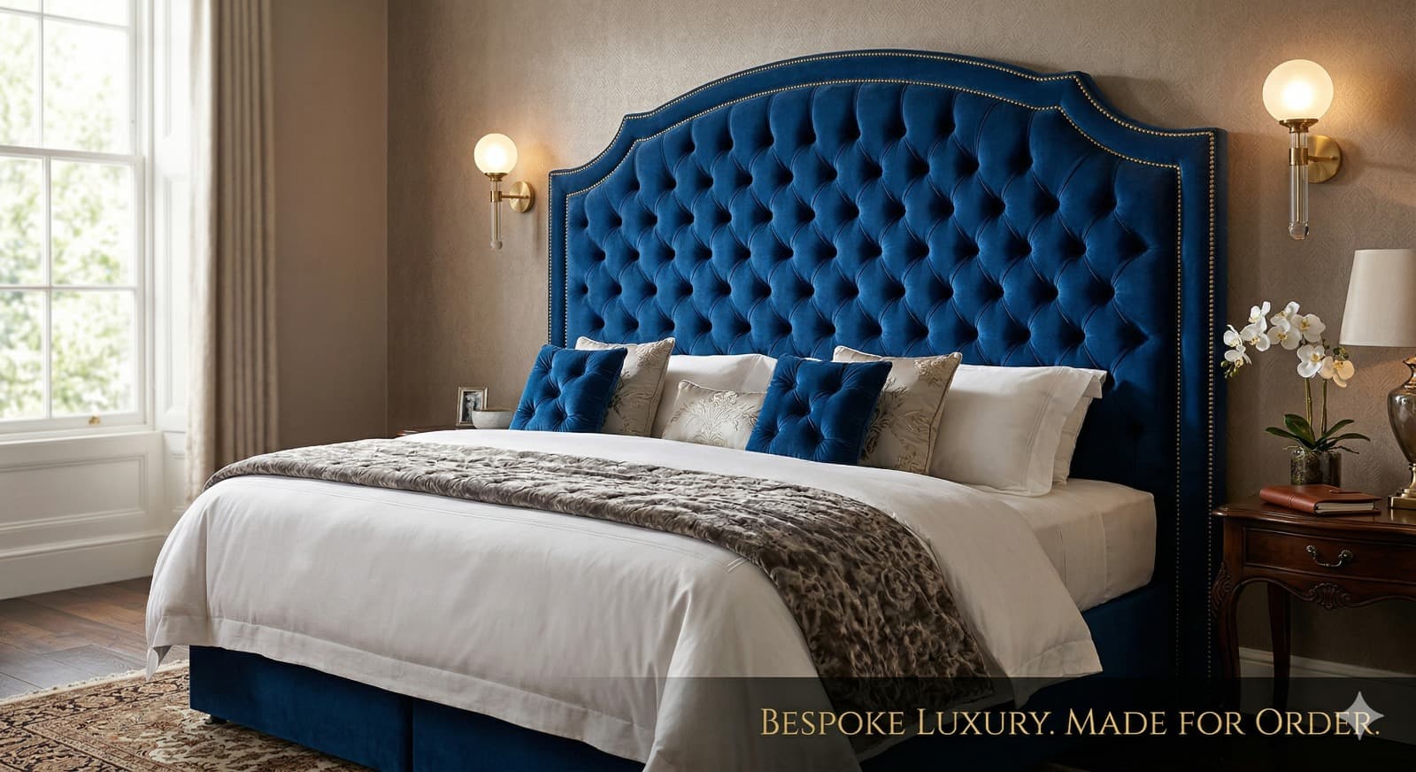 Bespoke blue velvet deep-buttoned headboard in a luxury bedroom