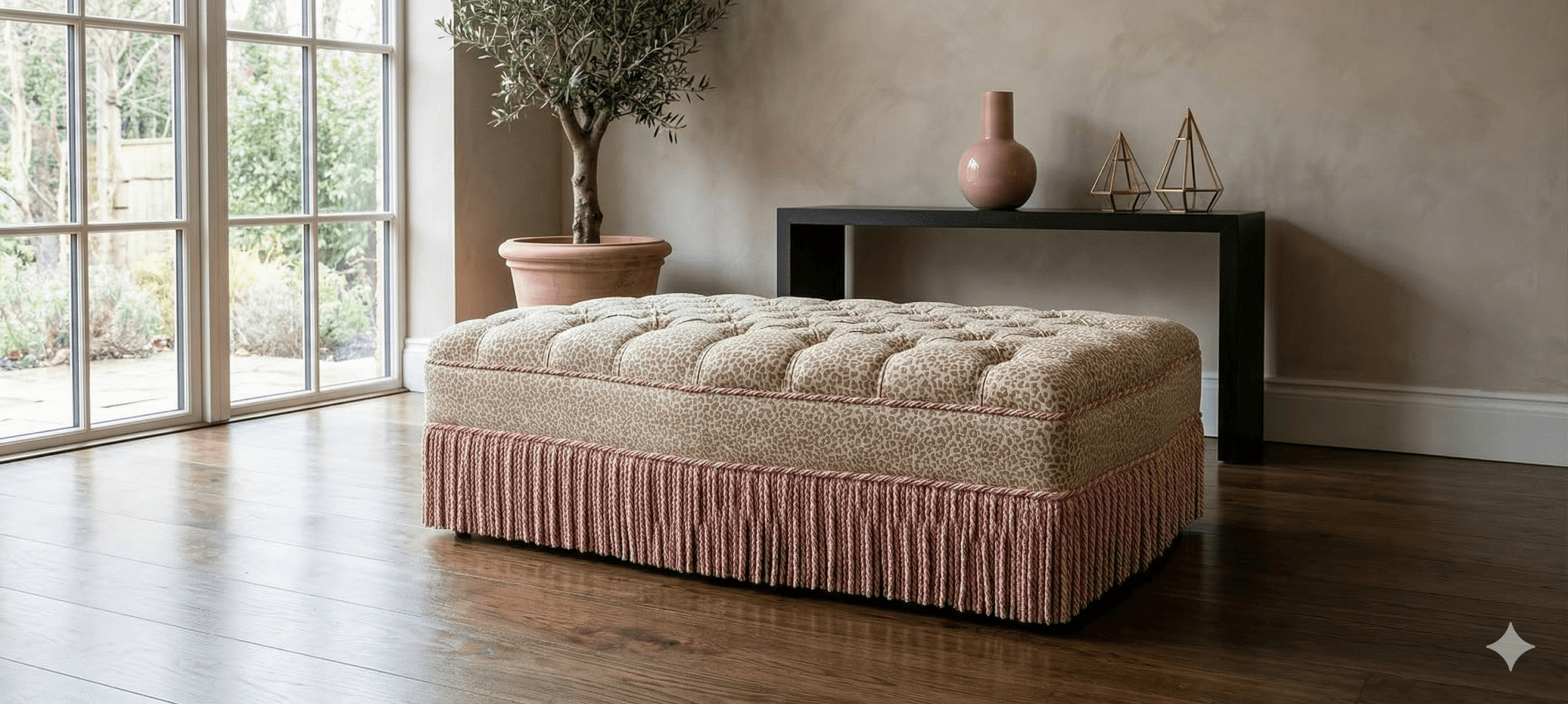 Deep buttoned headboard with piping