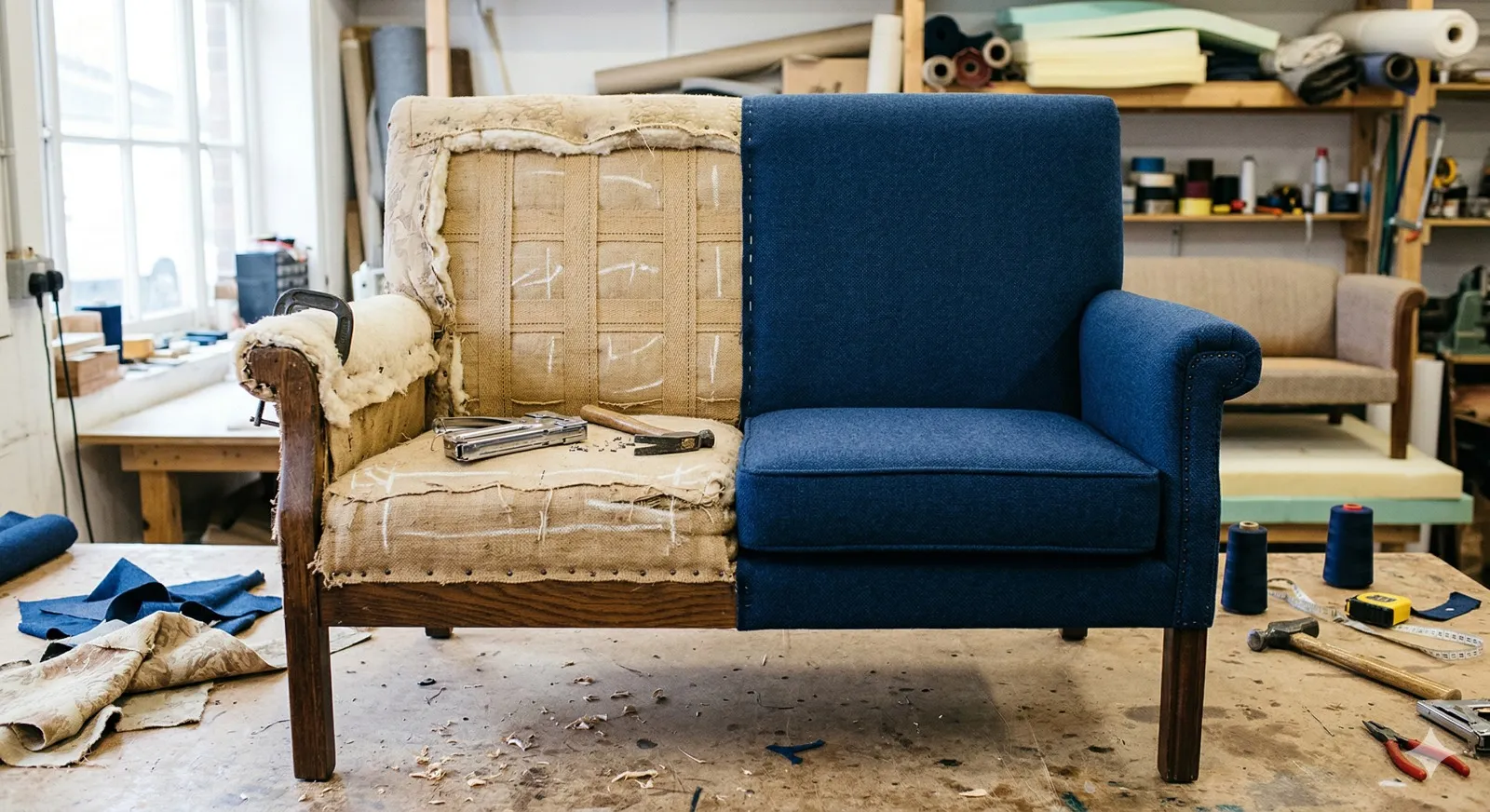 Armchair half-stripped and half-reupholstered in blue fabric in our workshop